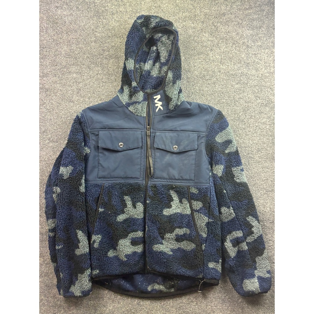 Michael Kors Fleece Jacket Mens Medium Blue Camo Hooded Full Zip Mixed Media